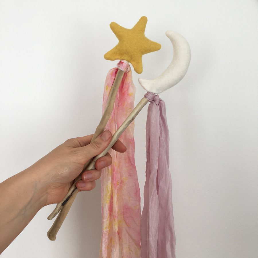 PLAY WAND WITH LONG PLAY SILK ~ STAR OR MOON ~ FORAGED & FOUND